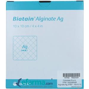 Coloplast Biatain Alginate Ag - Medicazione Assorbente in Alginato con Argento per Lesioni Infette 10x10 cm, 10 Pezzi