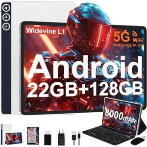 DMOAO Tablet Android 14 con 22GB RAM+128GB ROM(1TB TF, Tablet 10 Pollici con Widevine L1, Octa-Core 2.0GHZ, 5G Wi-Fi, GPS, 8000mAh, 8MP+5MP, Bluetooth 5.0, USB-C, Tastiera, Argento