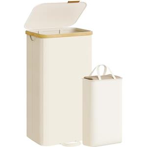 SONGMICS Cesto Portabiancheria con Coperchio, Cesta Porta Biancheria Sporca, Sacco Interno Rimovibile, Telaio in Bambù, Lavanderia Camera da Letto, 100 L, Bianco Crema LCB531WD01