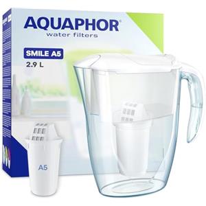 AQUAPHOR Smile Caraffa Filtrante per Acqua + 1 filtro A5 (350L) - Brocca da Capacità di 2,9L - Bianca