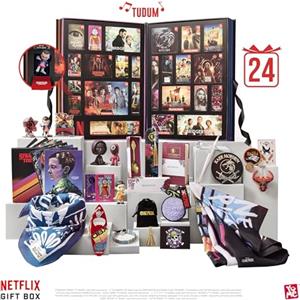 YuMe 15309 - Scatola regalo Netflix, calendario dell'Avvento con effetto sonoro, da 16 anni, 24 sorprese da 7 popolari serie Netflix