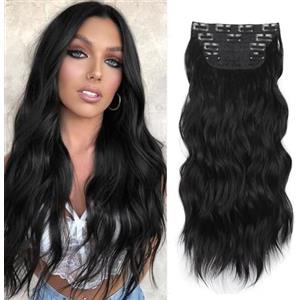 XFSRG 55cm Extensions Clip Capelli Veri 4 Pezzi Hair Extension Clip Parrucche Donna Naturale Riccioli Lunghi E Ondulati Con Forcina Capelli Finti Donna Per Viaggio(Nero)