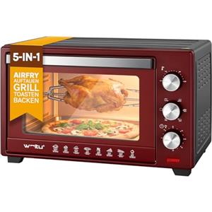 WOLTU Forno per Pizza da 32L, Fornetto Elettrico Piccolo con Girarrosto, 4 Resistenze, Timer 60 min, Temperatura 100-230°C, 1600W, Porta con Doppi Vetri, Nero+Rosso