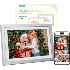 Apveelveer Frameo Cornice Digitale Foto Argento WiFi 10.1 Portafoto Digitale, Memoria da 32 GB, Schermo Touch IPS HD 1280 * 800, Condividi Foto Video Tramite l'app Frameo da Remoto, Regalo da Donna Uomo
