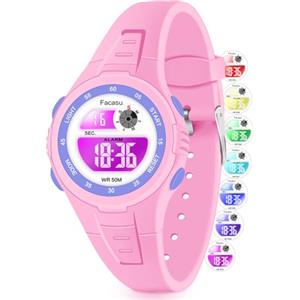 Facasu Orologio Digitale Bambini Ragazzi Ragazze con Luce Colorata,50m Impermeabile Fino,Sport all'aria Aperta,Cronometro,Allarme,Funzioni 12/24 ore,Regali Bambini dai 4 ai 15 anni (Rosa-S)