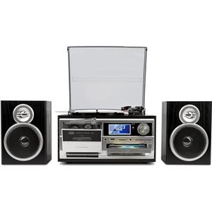 Trevi TT 1072 DAB Giradischi Vintage 25W Tre Velocità (33, 45, 78 Giri) con CD, USB, AUX-IN, Cassette e Radio Digitale, Impianto Stereo All-in-One con Funzione Encoding e Presa Cuffia, Nero