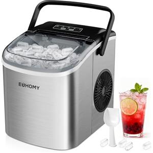 EUHOMY Macchina del Ghiaccio 12kg/24h, Autopulente Macchina per il Ghiaccio Casa, 9 Cubetti in 6 Minuti, 2 Dimensioni di Ghiaccio, Ice Maker con Maniglia/Paletta/Cestello, Acciaio Inossidabile