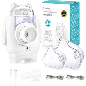 Solveitek Aerosol Portatile per Bambini e Adulti, Nebulizzatore Ultrasuoni Silenzioso con Pulizia Automatica, Dimensione delle Particelle 3µm, Ricarica USB-C, Include Maschere e Bocchino per Casa e Viaggio