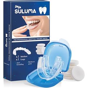SULUMA Bite Bruxismo Notturno Professional Antirussamento Digrignare Bite Dentale Byte Notte Automodellanti Uomo Donna Arcata Superiore 2 Taglie Medium Large Morbido Silicone 6 Compresse Disinfettanti