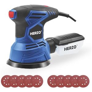HERZO Levigatrice Orbitale 300W 125mm, 6 Velocità Regolabili, 13.000 giri/min, con Scatola Raccoglipolvere e 10 Dischi Abrasivi per Legno, Metallo e Vernice