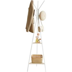 VASAGLE Appendiabiti da Terra, Attaccapanni Autoportante per Salotto, Stile Industriale, con 2 Ripiani, per Vestiti, Cappelli, Borse, Beige Naturale e Bianco Perla RCR016N01