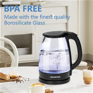 Aigostar Adam-bollitore elettrico in vetro borosilicato con LED, 1.7 litri, 2200W, spegnimento automatico, filtro Anti-calcare