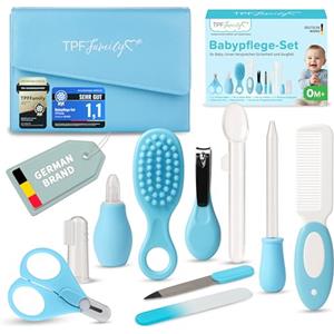TPFFamily Set di Cura per Neonato in blu - Set cura neonato 10 pezzi con forbicine, aspiratore nasale e spazzola - Kit igiene neonato con astuccio da viaggio, ideale per neonati da 0 a 6 mesi