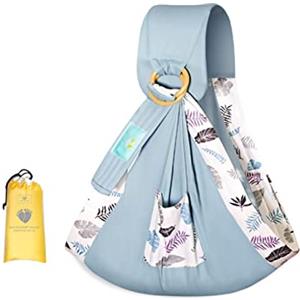 SONARIN Fascia Porta Bebè,Cotone Portabebè Porta Bambino Portantina Bebè Marsupio Neonati Copertina per Allattamento con Anelli Regolabili per Neonati Bambini Fino a 15 kg(Foglia Blu)
