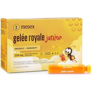 Medex Gelée Royale JUNIOR, Pappa reale 250 mg, con vitamine naturali A, C, E, gusto eccellente, senza edulcoranti, facile da aprire, bambini 3+, liquido in fiale 10x9 ml