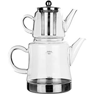 Karaca Dora - Set di teiera in vetro borosilicato con infusore in acciaio inossidabile, bollitore da 1,8 l e teiera in vetro da 0,45 l con infusore, per tisane, foglie sfuse e tè turco, ideale per