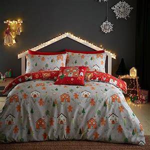 Bedlam Christmas - Set copripiumino reversibile, motivo: casa di pan di zenzero, per letto singolo, colore: grigio