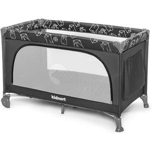 kidnort Grotta Lettino da viaggio per bambini con materasso pieghevole Lettino da viaggio con ingresso laterale, 2 ruote con freno, borsa per il trasporto per viaggi e casa, grigio scuro