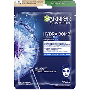 Garnier Maschera di stoffa notturna, maschera viso per pelle stanca e sensibile, rigenerante e idratante, con acido ialuronico, acqua profonda ed estratto di fiordaliso, Hydra Bomb, 28 g