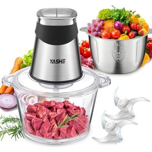 YASHE Tritatutto Elettrico 1,8L+2L, Robot da Cucina con Contenitori in Vetro e Acciaio Inox, Tritacarne 500W con 2 Velocità e 2 Set di Lame
