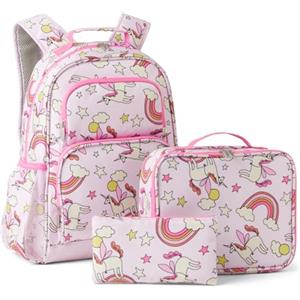 Amazon Essentials, Set Zaino Scolastico per Bambini con Borsa per il Pranzo e Astuccio - Zaino Resistente agli Strappi con Più Tasche - Kit per la Scuola - Rosa - Set di 3 Pezzi