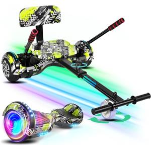 SISIGAD Hoverboard with go-kart seat, Bluetooth speakers and LED light, 6.5 inch tyres, powerful dual motor, all-terrain hoverboard