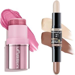 Misslyn Set Multi-Stick Viso, Occhi e Labbra - Stick 3 in 1 Blush, Rossetto e Ombretto con Burro di Karité - 2 in 1 Contouring Illuminante Viso - Facile da Applicare Texture Cremosa, Effetto Naturale