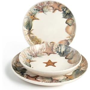 H&H Saintbarth Servizio Tavola 18 Pezzi in Stoneware - Piatti Decorati con Stelle Marine e Conchiglie - Lavabile in Lavastoviglie e Microonde - Perfetto per Tavole Estive e Case al Mare