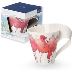 Villeroy & Boch NewWave Tazza da Caffè con Manico, con Stampa Animali Fenicottero Rosa, Porcellana Premium, Bianco, 300 ml