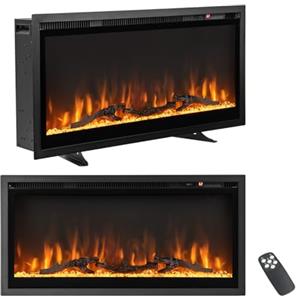 COSTWAY Camino Elettrico da 91,5cm da Incasso a Parete, Caminetto Elettrico da 750W/1500W con Telecomando, Termostato, Protezione da Surriscaldamento, 91,5 x 14,5 x 45 cm