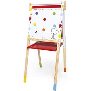 Janod-Due Facce Splash Lavagna per Bambini in Legno Evolutiva Magnetica Bianca Regolabile in Altezza con Ardesia per Gesso, 13 Accessori Inclusi, A partire da 3 Anni, J09611