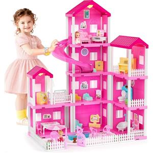vamei 4 Piani Casa Delle Bambole con 9 Stanze e Set di Mobili per Case Delle Bambole, DIY Casa Bambole con Camera da Letto, Bagno, Sala da Pranzo, Piscina, Giocattoli Regalo per Bambini 3 4 5 6 Anni