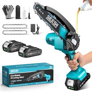 Seesii Mini Motosega a Batteria Portatile, SEESII Sega a Batteria da 6 Pollici con Caricatore, 2 Batterie e Oliatore Automatico, Motosega Elettrica per Giardinaggio, CH610