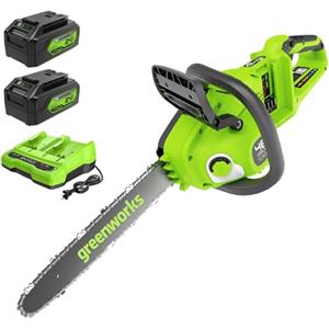 Greenworks 48V (24V x 2) 35cm Motosega a Batteria con Motore Brushless, con due 4 Ah Batteries Caricabatterie Gemello,Velocità Catena 20m/s, Garanzia 3 Anni-GD24X2CS36K4X