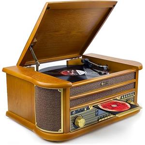 Denver MRD-51 Giradischi Vinili Vintage in Legno con Radio DAB+, Lettore Vinile, CD, Cassetta, USB per MP3, Giradischi e AUX - Giradischi con Casse Integrate Retrò
