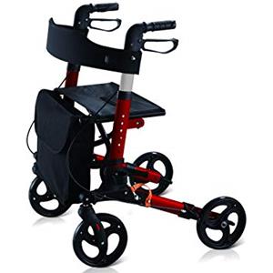 GIMA Deambulatore Compact, Pieghevole e Regolabile in Altezza, Telaio in Alluminio Leggero, Sedile, Schienale, Tracolla Removibile, Portabastone, Freni ad Anello Autobloccanti, Rosso