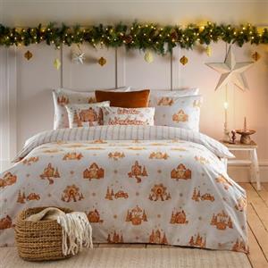 furn. Gretel Set Copripiumino (Nuvola - Singolo) | Reversibile Villaggio Festivo Di Pan Di Zenzero Retro A Righe Biancheria Da Letto In Cotone Spazzolato 100%