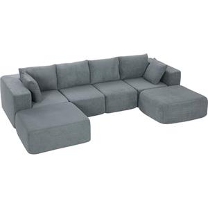 HOMCOM Divano Angolare Modulare 4 Posti Senza Struttura, Seduta Ampia Profonda, Divano Componibile a U con 2 Pouf, Braccioli Larghi e Cuscini, in Velluto per Soggiorno, 294x165x70 cm, Grigio Scuro
