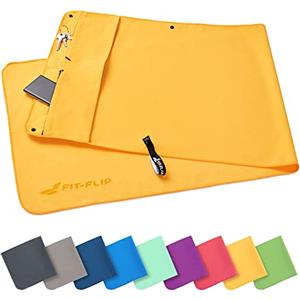 Fit-Flip Asciugamano Sportivo con Scomparto a Cerniera e Clip Magnetica - Telo in Microfibra - Compatto e ad Asciugatura Rapida - Accessori da Palestra uome e Donna - Giallo