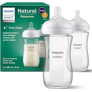 Philips Biberon in vetro Philips Avent Natural Response: 2 biberon da 240 ml senza BPA per neonati da 3 a 6 mesi (modello SCY933/02)