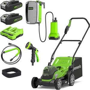 Greenworks 2x24V Tagliaerba a Batteria, Ampiezza di Taglio 36cm, 2X24V 2Ah Batterie & Caricabatterie + Greenworks G24SWP Elettropompa a Immersione, SENZA Batteria e Caricabatterie, Garanzia 3 Anni