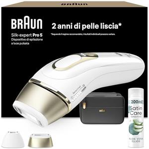 Braun Silk·expert Pro 5 Epilatore Luce Pulsata, Epilazione A Casa, Alternativa All'Epilazione Laser, Con Custodia, 2 Testine, Idea Regalo, Bianco/Oro, PL5140 e Satin Care Gel Per Depilazione Aloe Vera