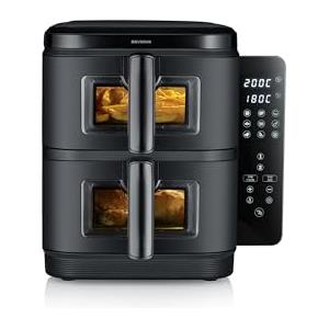 Severin Friggitrice ad Aria Duo Stack, 2 Cestelli da 5,5L, Design Verticale Salvaspazio, 9 Programmi Automatici, Sync Cook & Finish, Cottura Senza Olio, S-Fry, 2800W, Nero, FR 9598