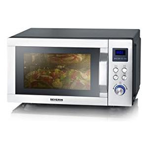SEVERIN Forno a microonde 3 in 1 con base in vetro, grill e funzione aria calda, forno a microonde, microonde con ampia area utilizzabile per piatti quadrati, nero/acciaio inossidabile, MW 7777