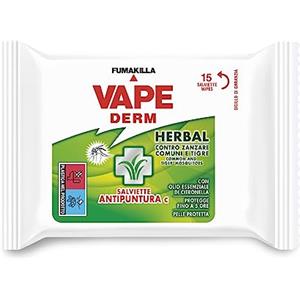 Vape Derm Herbal Salviette Antipuntura - 15 Salviette Repellenti con Olio di Citronella e Andiroba, Efficaci contro Zanzare e Insetti fino a 5 Ore