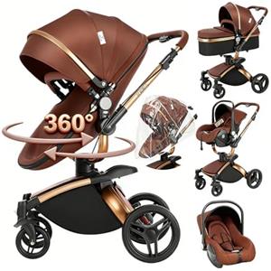Magic ZC 360° Girevole Pelle PU Passeggino Trio, Passeggino 3 in 1 con Doppia Modalità Push Reversibile, Trio Passeggini Neonati in Alluminio, Carrozzina Neonati Grande Navicella (906 brown)