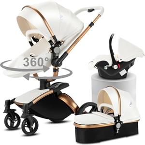 Doraystar 360° Rotazione Pelle PU Passeggino 3 in 1, Passeggino Trio con Design Pieghevole in Un Clic, Trio Passeggino Neonati con Grande Nacelle Comoda, Trio Neonato con Telaio Alluminio (906 White)