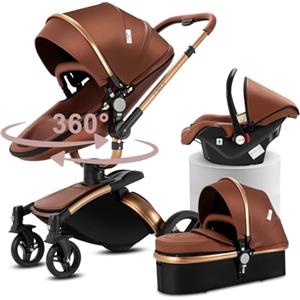 Doraystar 360° Rotazione Pelle PU Passeggino 3 in 1, Passeggino Trio con Design Pieghevole in Un Clic, Trio Passeggino Neonati con Grande Nacelle Comoda, Trio Neonato con Telaio Alluminio (906 Brown)