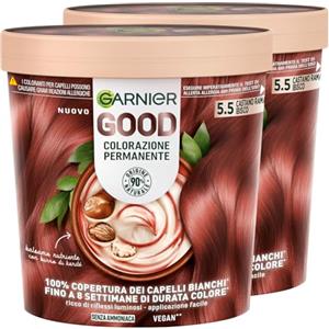 Garnier Good Tinta Colorazione Permanente Fino a 8 Settimane Colore Brillante e Luminoso Copre il 100% dei Capelli Bianchi Formula Vegana Senza Ammoniaca 5.5 Castano Ramato Ibisco - 2 Confezioni