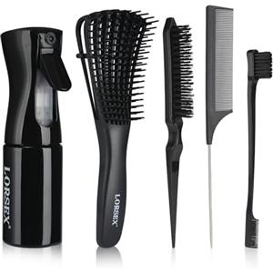 LORSEX Spazzola per capelli con flacone spray da 200 ml, spazzola districante per capelli naturali per capelli afro da 3a a 4c crespi, ondulati e ricci (nero)
